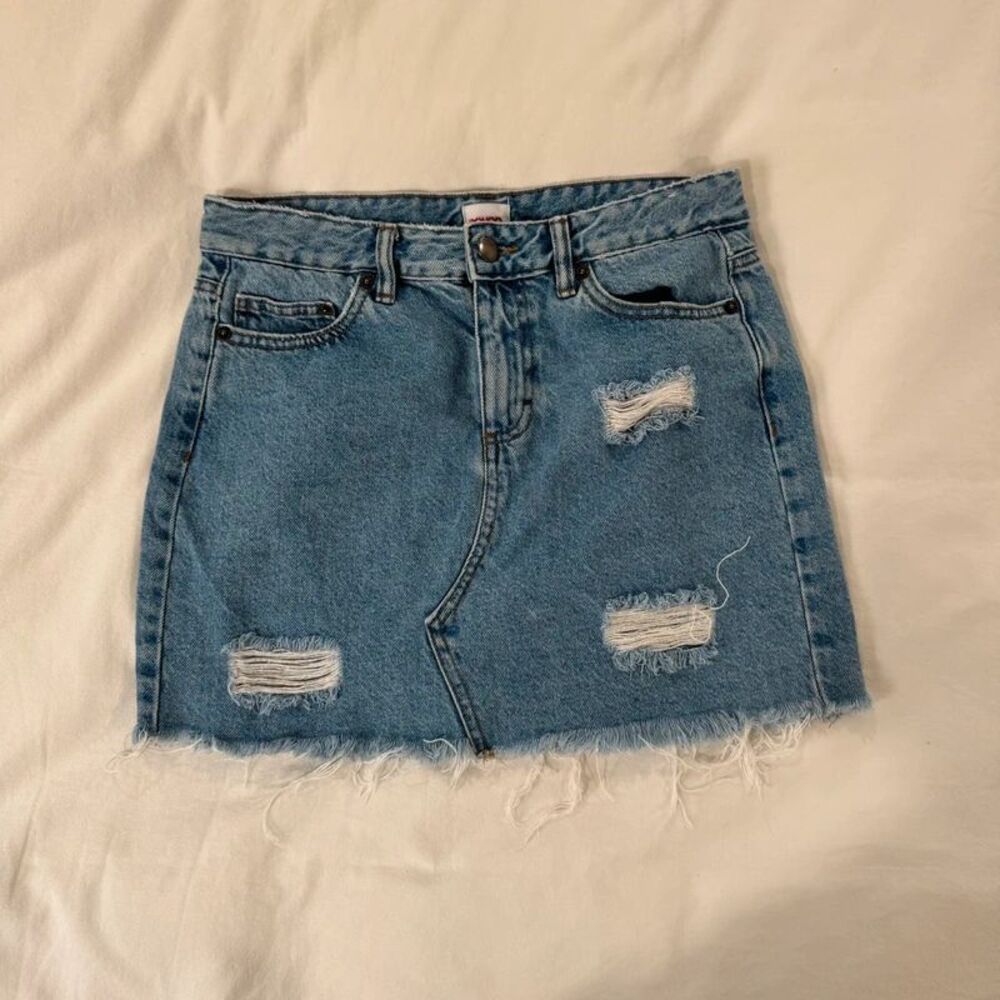 Bongo Vintage Jean Skirt Fray Distressed Light Wash Mini Blue Denim Raw Women M